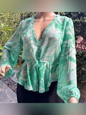 Olivaceous Mint Green Printed Ruffle Tie-Front Blouse